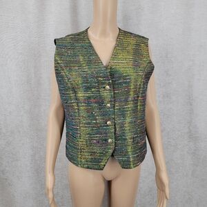 Vinci Vintage Silk Tweed Vest Waistcoat Green Metallic Gold  Festive